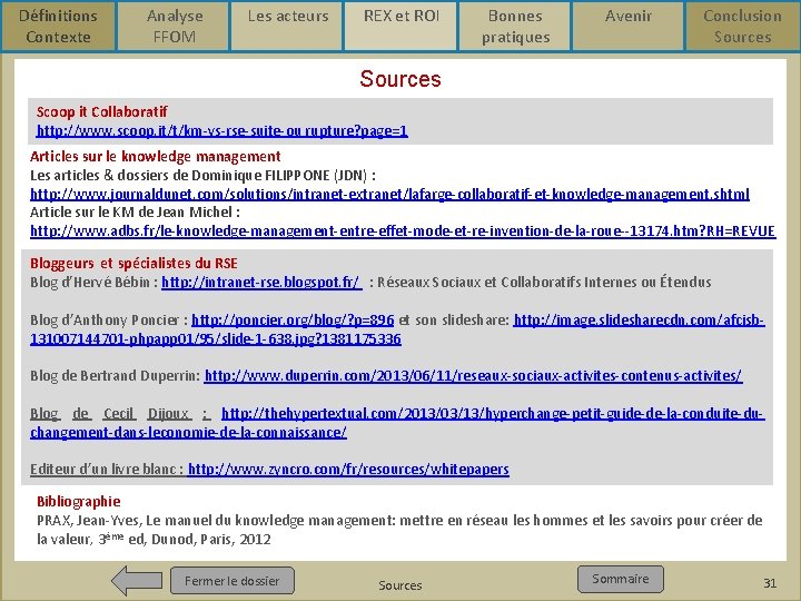 Définitions Contexte Analyse FFOM Les acteurs REX et ROI Bonnes pratiques Avenir Conclusion Sources