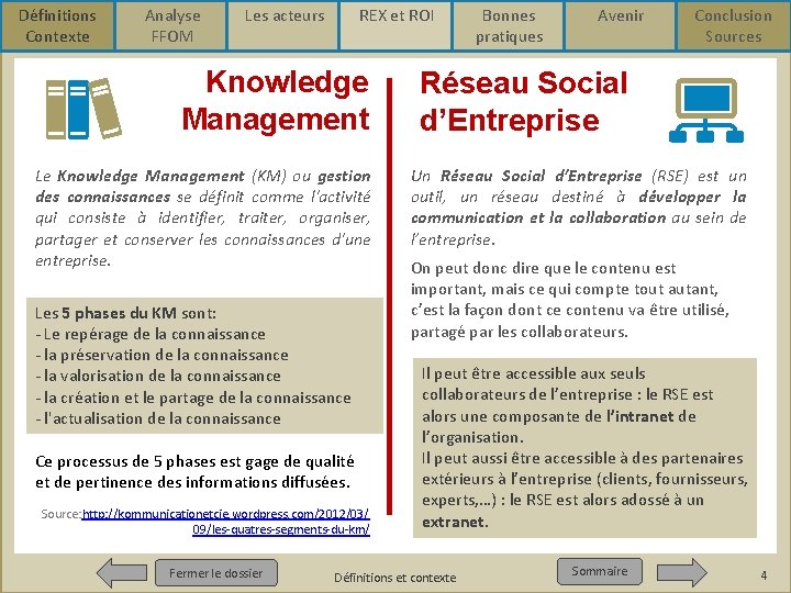 Définitions Contexte Analyse FFOM Les acteurs REX et ROI Knowledge Management Le Knowledge Management