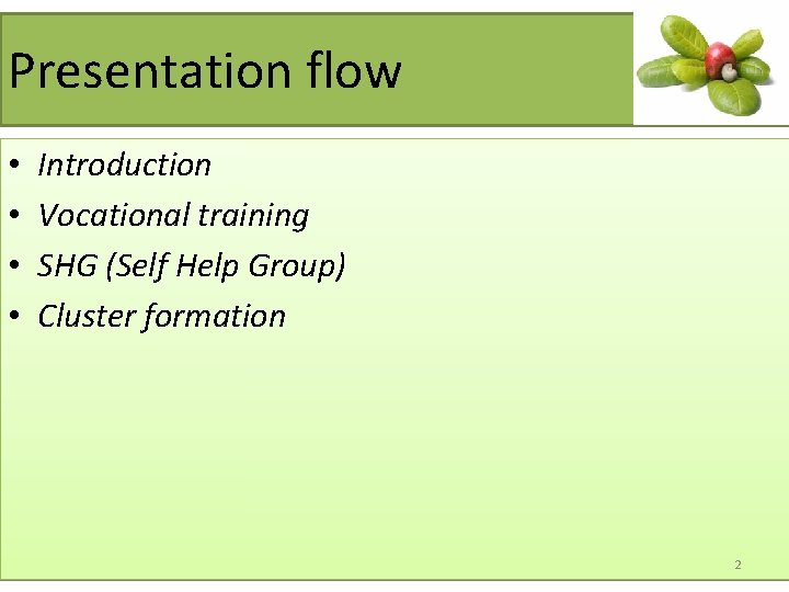 Presentation flow • • Introduction Vocational training SHG (Self Help Group) Cluster formation 2