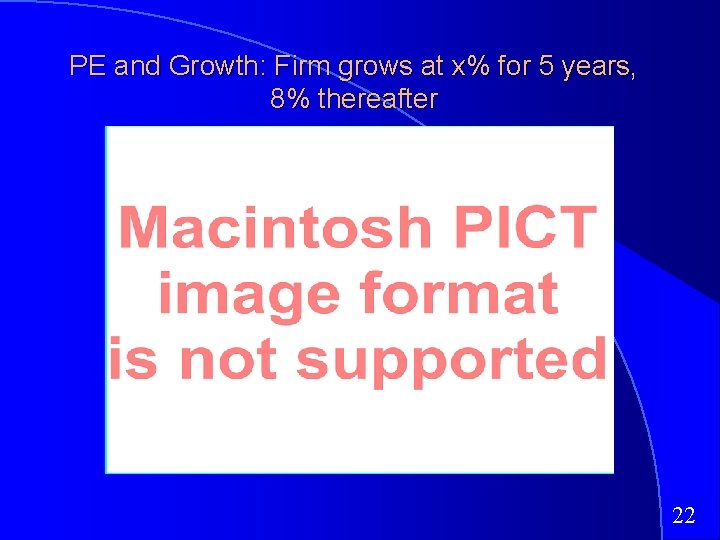 PE and Growth: Firm grows at x% for 5 years, 8% thereafter 22 