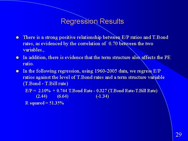 Regression Results There is a strong positive relationship between E/P ratios and T. Bond