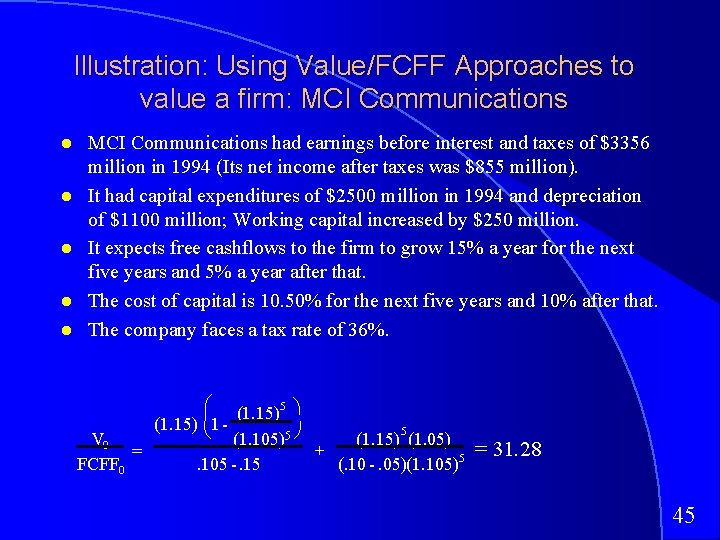 Illustration: Using Value/FCFF Approaches to value a firm: MCI Communications had earnings before interest