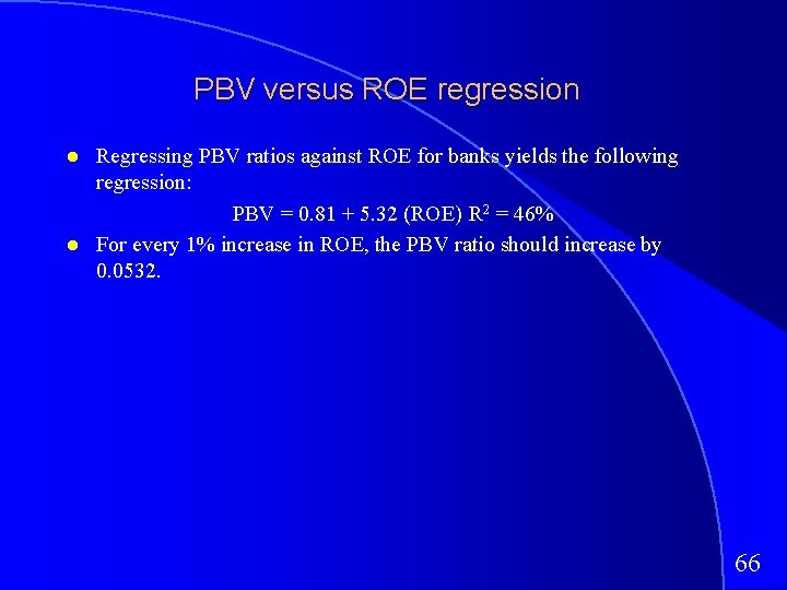 PBV versus ROE regression Regressing PBV ratios against ROE for banks yields the following