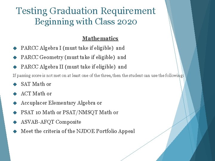 Testing Graduation Requirement Beginning with Class 2020 Mathematics PARCC Algebra I (must take if