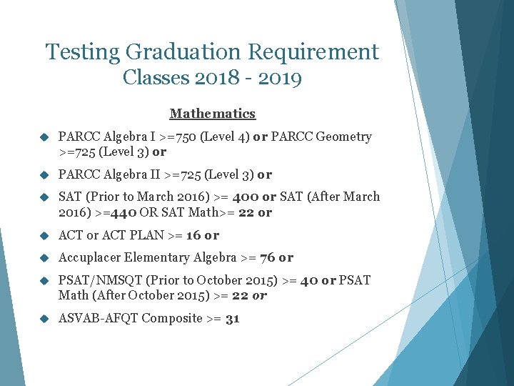 Testing Graduation Requirement Classes 2018 - 2019 Mathematics PARCC Algebra I >=750 (Level 4)