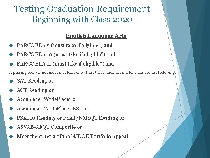 Testing Graduation Requirement Beginning with Class 2020 English Language Arts PARCC ELA 9 (must