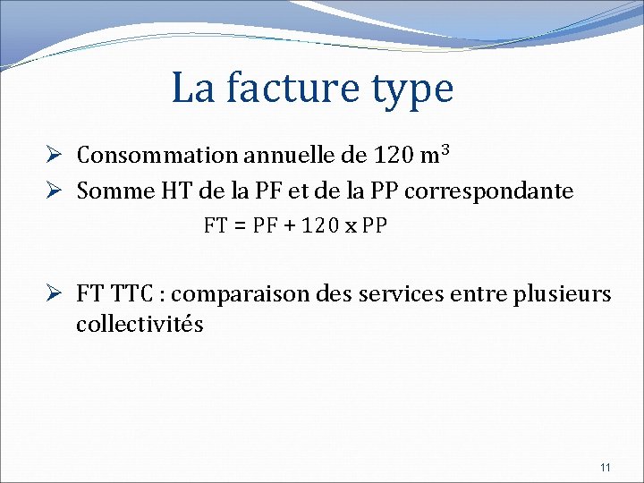 La facture type Ø Consommation annuelle de 120 m 3 Ø Somme HT de
