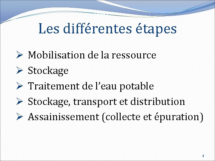 Les différentes étapes Ø Ø Ø Mobilisation de la ressource Stockage Traitement de l’eau