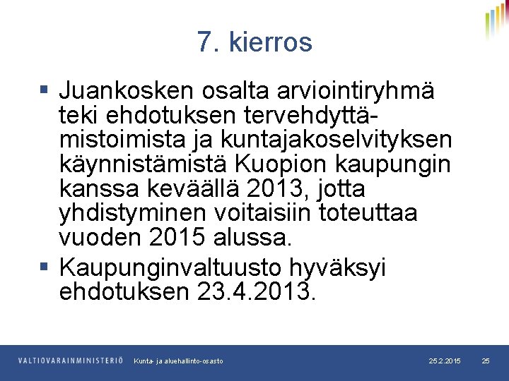 7. kierros § Juankosken osalta arviointiryhmä teki ehdotuksen tervehdyttämistoimista ja kuntajakoselvityksen käynnistämistä Kuopion kaupungin