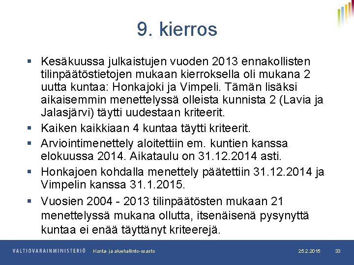 9. kierros § Kesäkuussa julkaistujen vuoden 2013 ennakollisten tilinpäätöstietojen mukaan kierroksella oli mukana 2