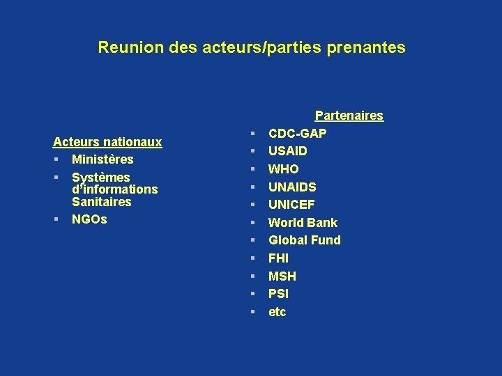 Reunion des acteurs/parties prenantes Acteurs nationaux § Ministères § Systèmes d’informations Sanitaires § NGOs Reunion des acteurs/parties prenantes Acteurs nationaux § Ministères § Systèmes d’informations Sanitaires § NGOs