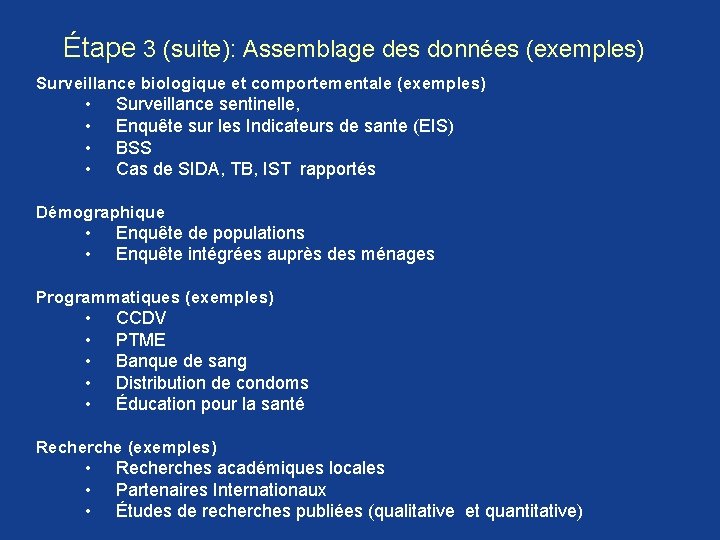 Étape 3 (suite): Assemblage des données (exemples) Surveillance biologique et comportementale (exemples) • • Étape 3 (suite): Assemblage des données (exemples) Surveillance biologique et comportementale (exemples) • •