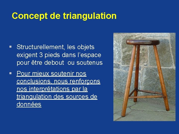 Concept de triangulation § Structurellement, les objets exigent 3 pieds dans l’espace pour être Concept de triangulation § Structurellement, les objets exigent 3 pieds dans l’espace pour être