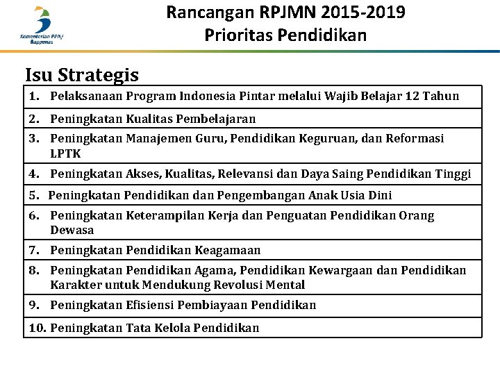 Rancangan RPJMN 2015 -2019 Prioritas Pendidikan Isu Strategis 1. Pelaksanaan Program Indonesia Pintar melalui