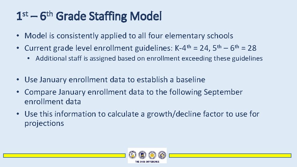 1 st – 6 th Grade Staffing Model • Model is consistently applied to