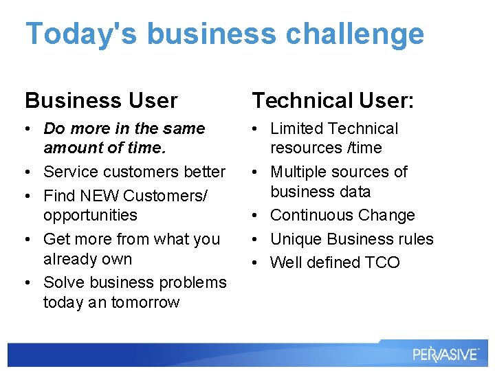 Today's business challenge Business User Technical User: • Do more in the same amount Today's business challenge Business User Technical User: • Do more in the same amount