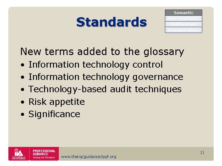 Standards Semantic New Standards Modifications Interpretations New terms added to the glossary • •