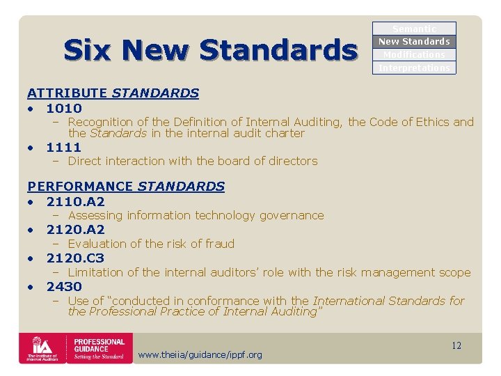 Six New Standards Semantic New Standards Modifications Interpretations ATTRIBUTE STANDARDS • 1010 – Recognition