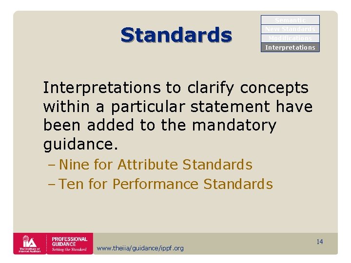 Standards Semantic New Standards Modifications Interpretations to clarify concepts within a particular statement have