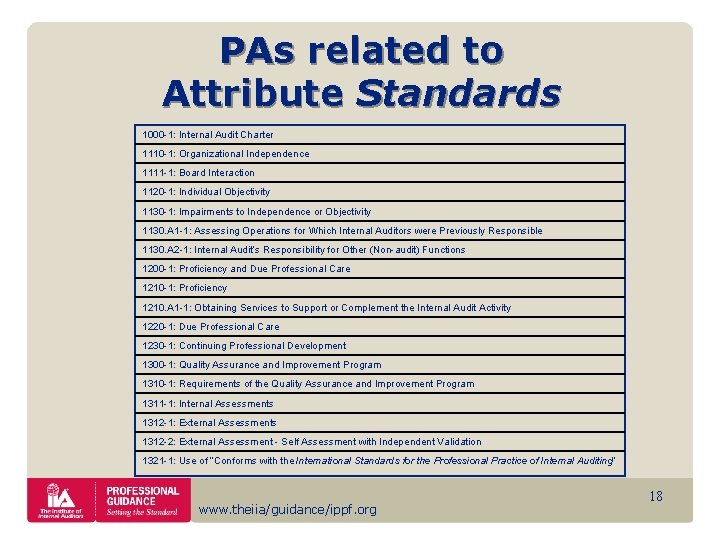 PAs related to Attribute Standards 1000 -1: Internal Audit Charter 1110 -1: Organizational Independence