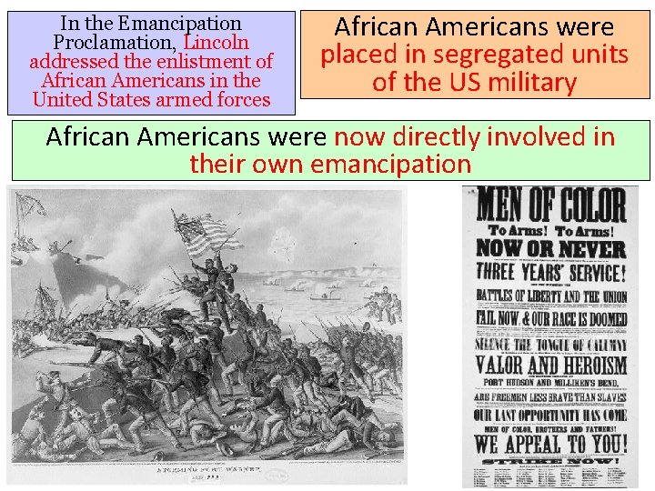 In the Emancipation Proclamation, Lincoln addressed the enlistment of African Americans in the United