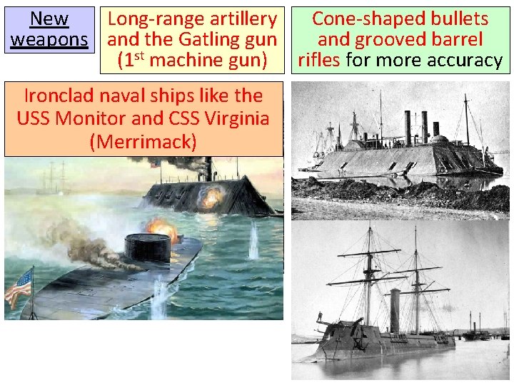 Long-range artillery Cone-shaped bullets New and grooved barrel weapons and the Gatling gun (1