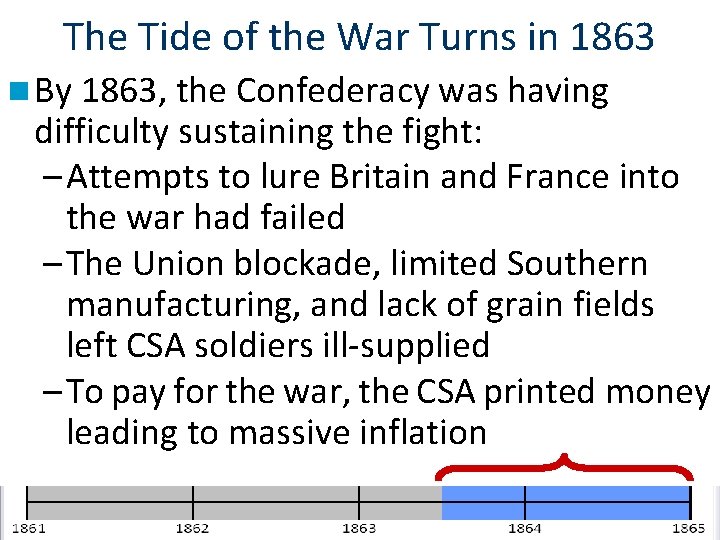 The Tide of the War Turns in 1863 n By 1863, the Confederacy was
