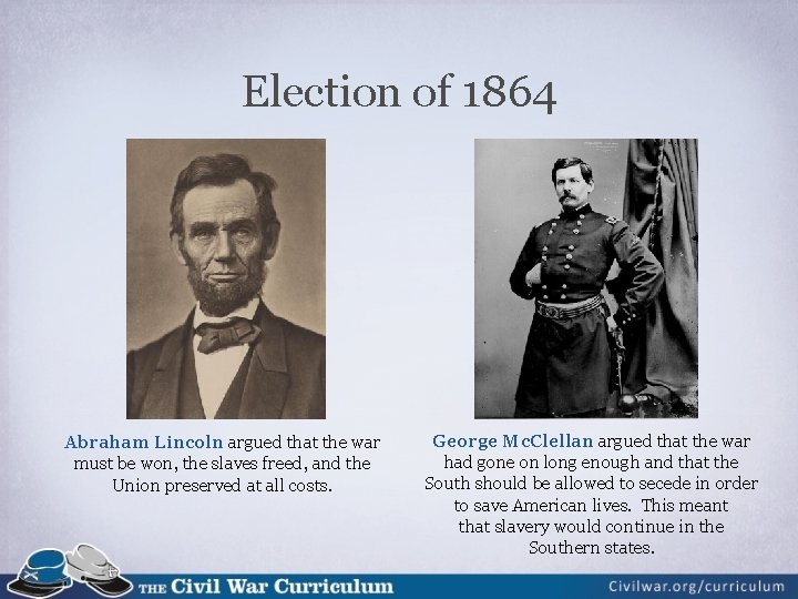 Election of 1864 Abraham Lincoln argued that the war must be won, the slaves