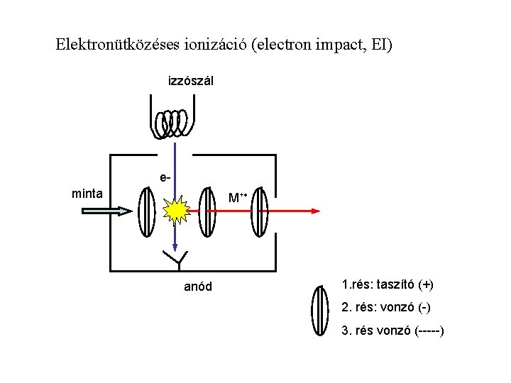 Elektronütközéses ionizáció (electron impact, EI) izzószál eminta M+ anód 1. rés: taszító (+) 2.