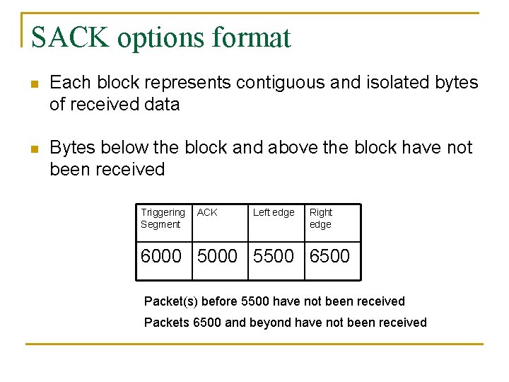 SACK options format n Each block represents contiguous and isolated bytes of received data SACK options format n Each block represents contiguous and isolated bytes of received data