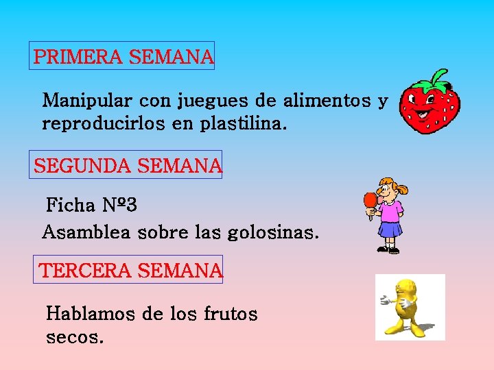 PRIMERA SEMANA Manipular con juegues de alimentos y reproducirlos en plastilina. SEGUNDA SEMANA Ficha