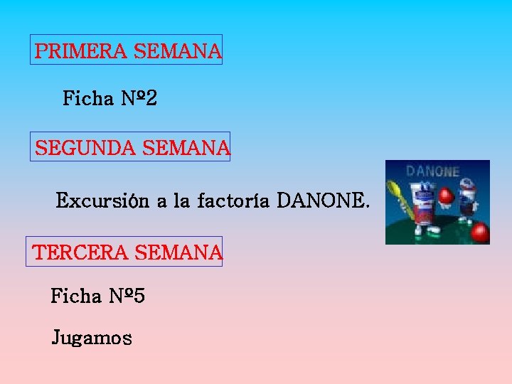 PRIMERA SEMANA Ficha Nº 2 SEGUNDA SEMANA Excursión a la factoría DANONE. TERCERA SEMANA