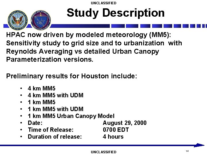 UNCLASSIFIED Study Description HPAC now driven by modeled meteorology (MM 5): Sensitivity study to