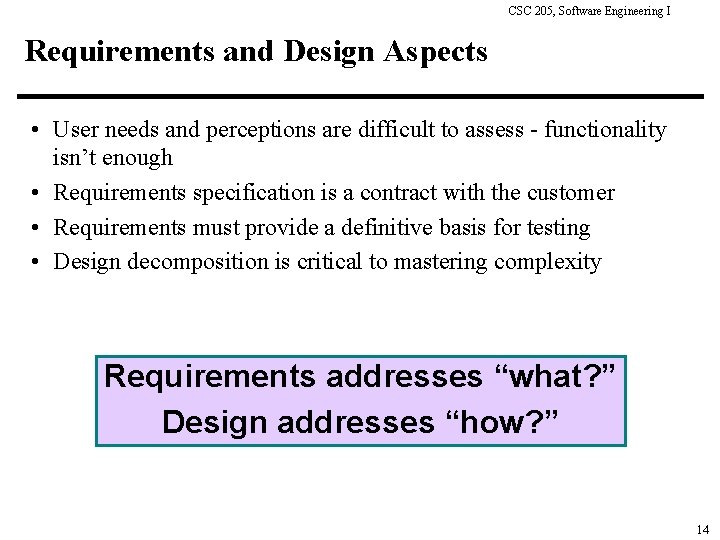 CSC 205, Software Engineering I Requirements and Design Aspects • User needs and perceptions