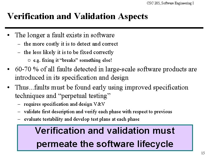 CSC 205, Software Engineering I Verification and Validation Aspects • The longer a fault