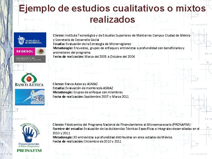 Ejemplo de estudios cualitativos o mixtos realizados Cliente: Instituto Tecnológico y de Estudios Superiores