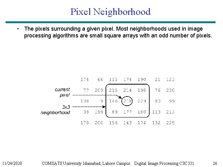 Pixel Neighborhood • The pixels surrounding a given pixel. Most neighborhoods used in image