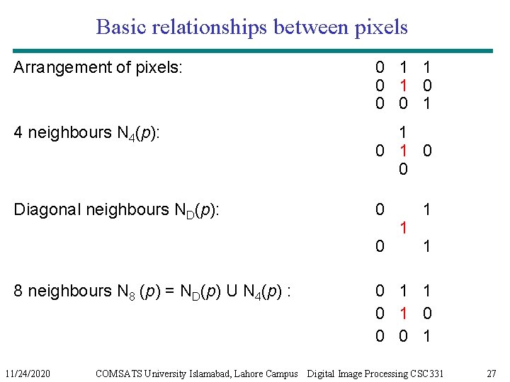 Basic relationships between pixels Arrangement of pixels: 0 1 1 0 0 0 1