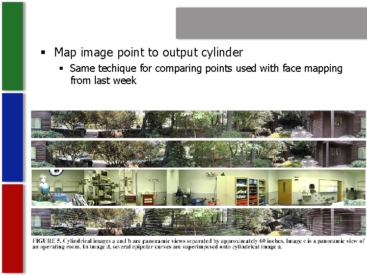 § Map image point to output cylinder § Same techique for comparing points used