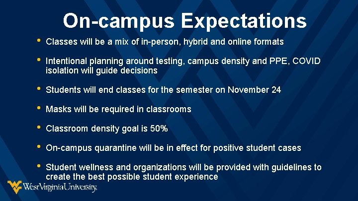 On-campus Expectations • Classes will be a mix of in-person, hybrid and online formats