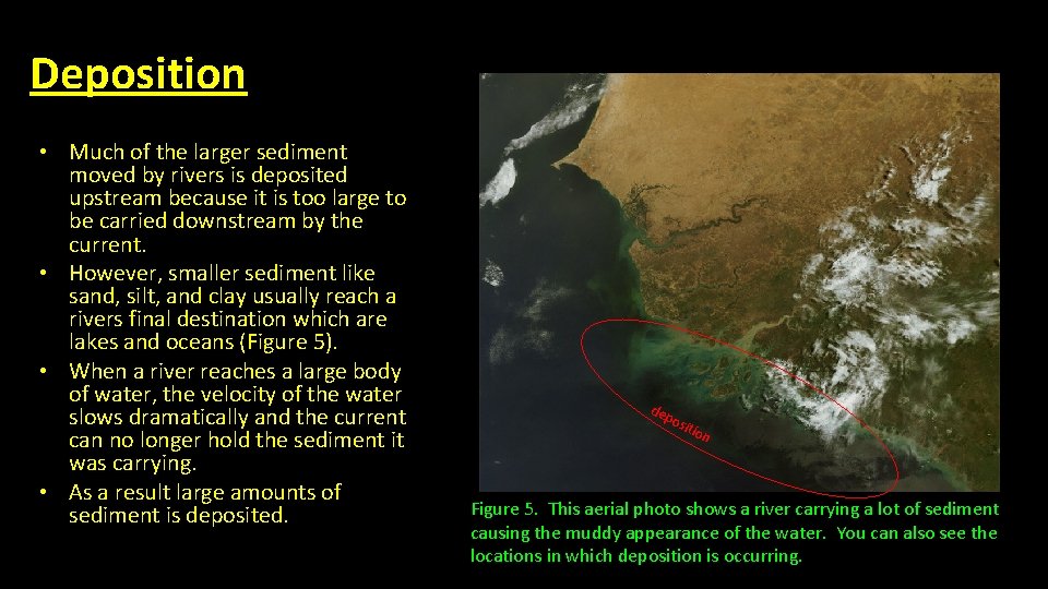 Deposition • Much of the larger sediment moved by rivers is deposited upstream because