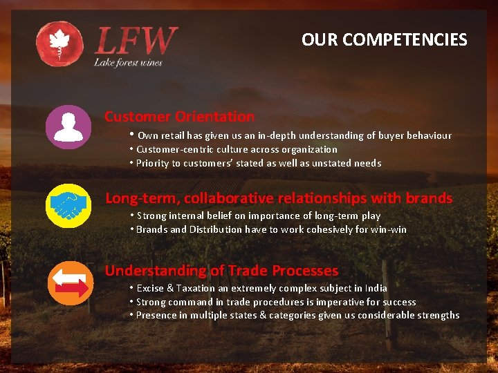OUR COMPETENCIES Customer Orientation • Own retail has given us an in-depth understanding of