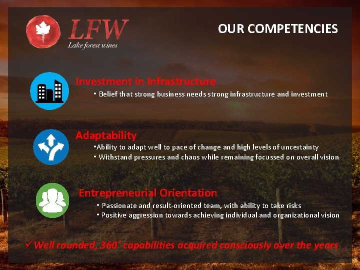 OUR COMPETENCIES Investment in Infrastructure • Belief that strong business needs strong infrastructure and