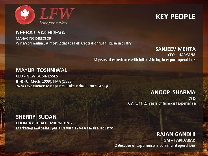 KEY PEOPLE NEERAJ SACHDEVA MANAGING DIRECTOR Wine Sommelier , Almost 2 decades of association