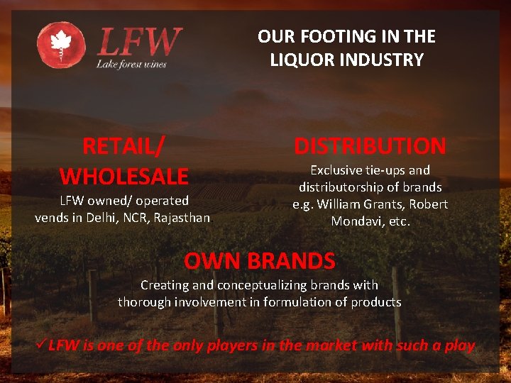 OUR FOOTING IN THE LIQUOR INDUSTRY RETAIL/ WHOLESALE LFW owned/ operated vends in Delhi,