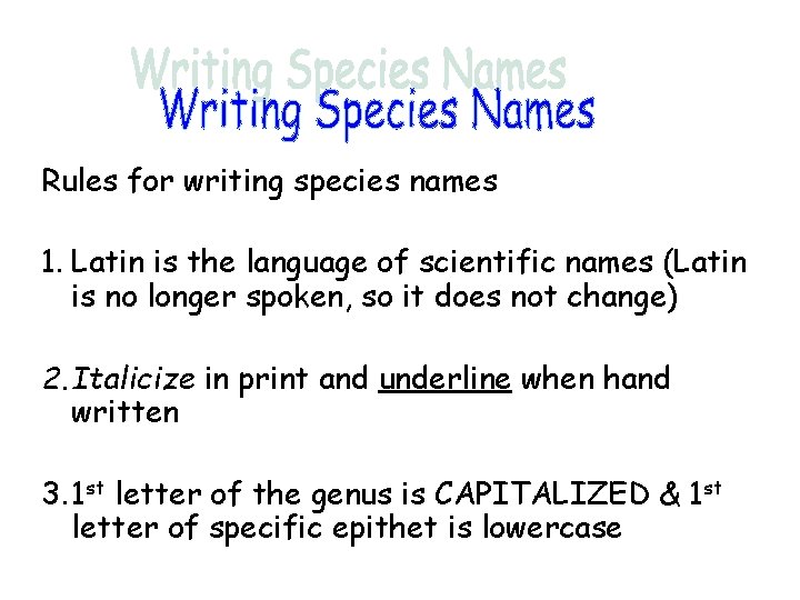 Rules for writing species names 1. Latin is the language of scientific names (Latin