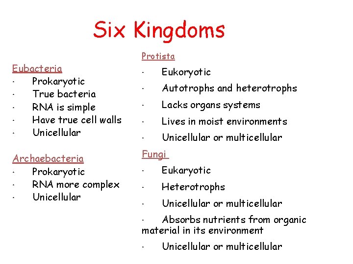 Six Kingdoms Eubacteria · Prokaryotic · True bacteria · RNA is simple · Have