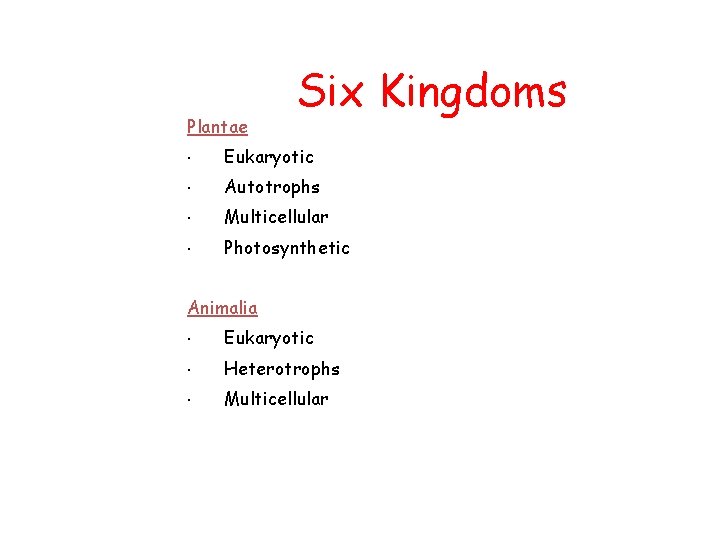 Plantae Six Kingdoms · Eukaryotic · Autotrophs · Multicellular · Photosynthetic Animalia · Eukaryotic