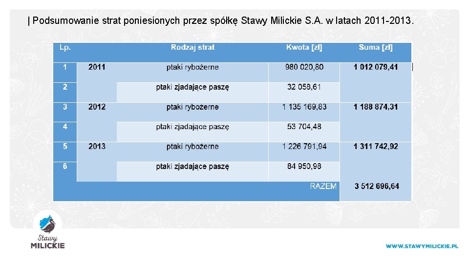 | Podsumowanie strat poniesionych przez spółkę Stawy Milickie S. A. w latach 2011 -2013.