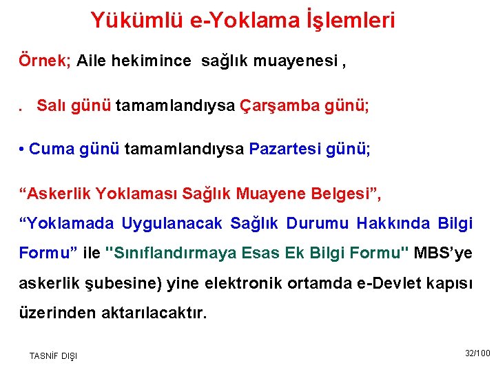 Yükümlü e-Yoklama İşlemleri Örnek; Aile hekimince sağlık muayenesi , . Salı günü tamamlandıysa Çarşamba